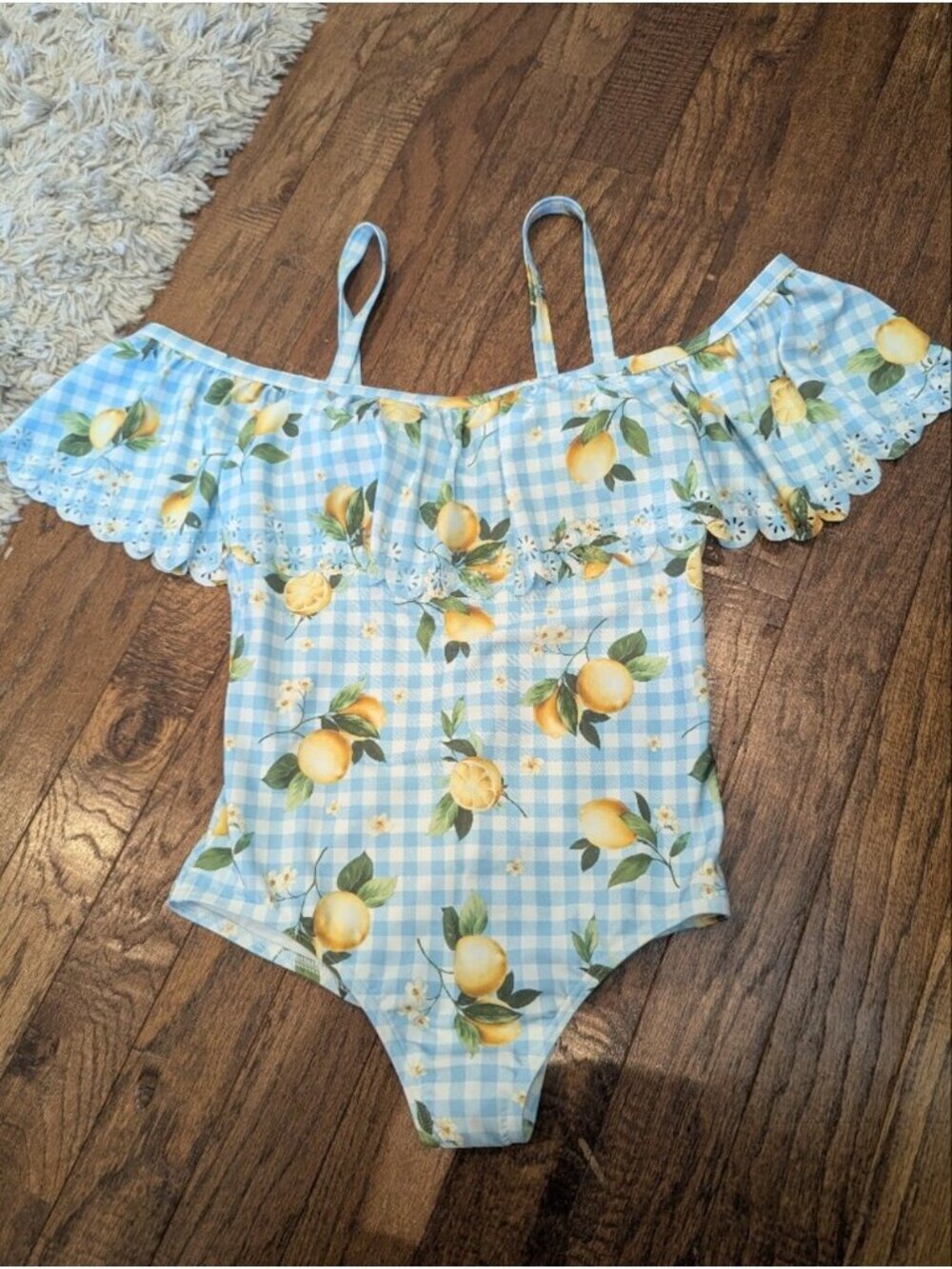 Torrid Retro Chic Off-Shoulder One Piece Swimsuit lemons light blue plaid Sz 0x - Picture 11 of 13